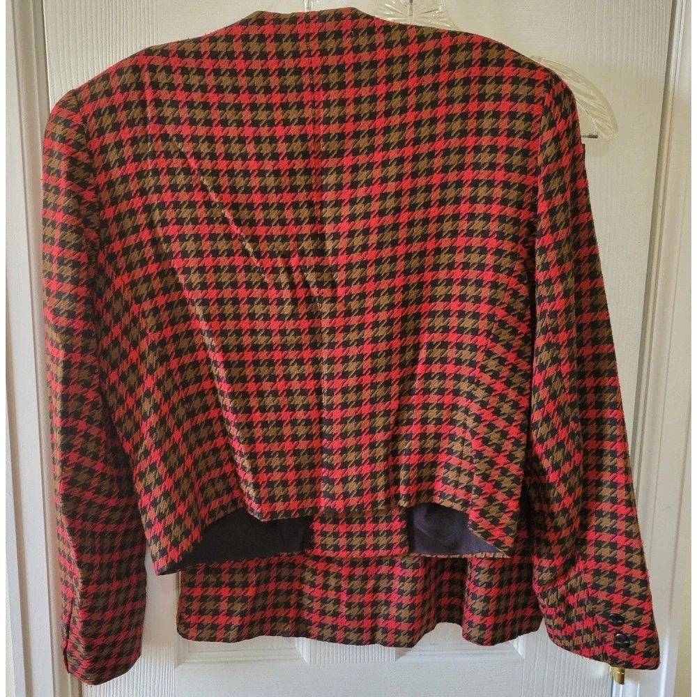 CC Courtenay Skirt Suit Size 10 Red Black Olive Houndstooth Plaid Pockets Bolero